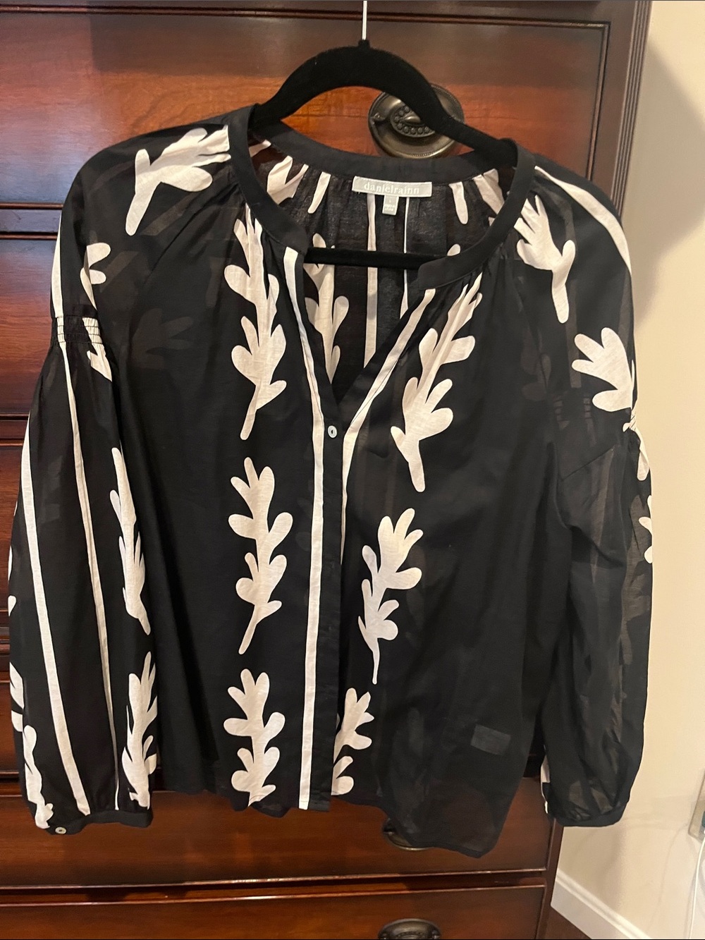 Daniel Rainn Black Blouse with White Leaf Motif